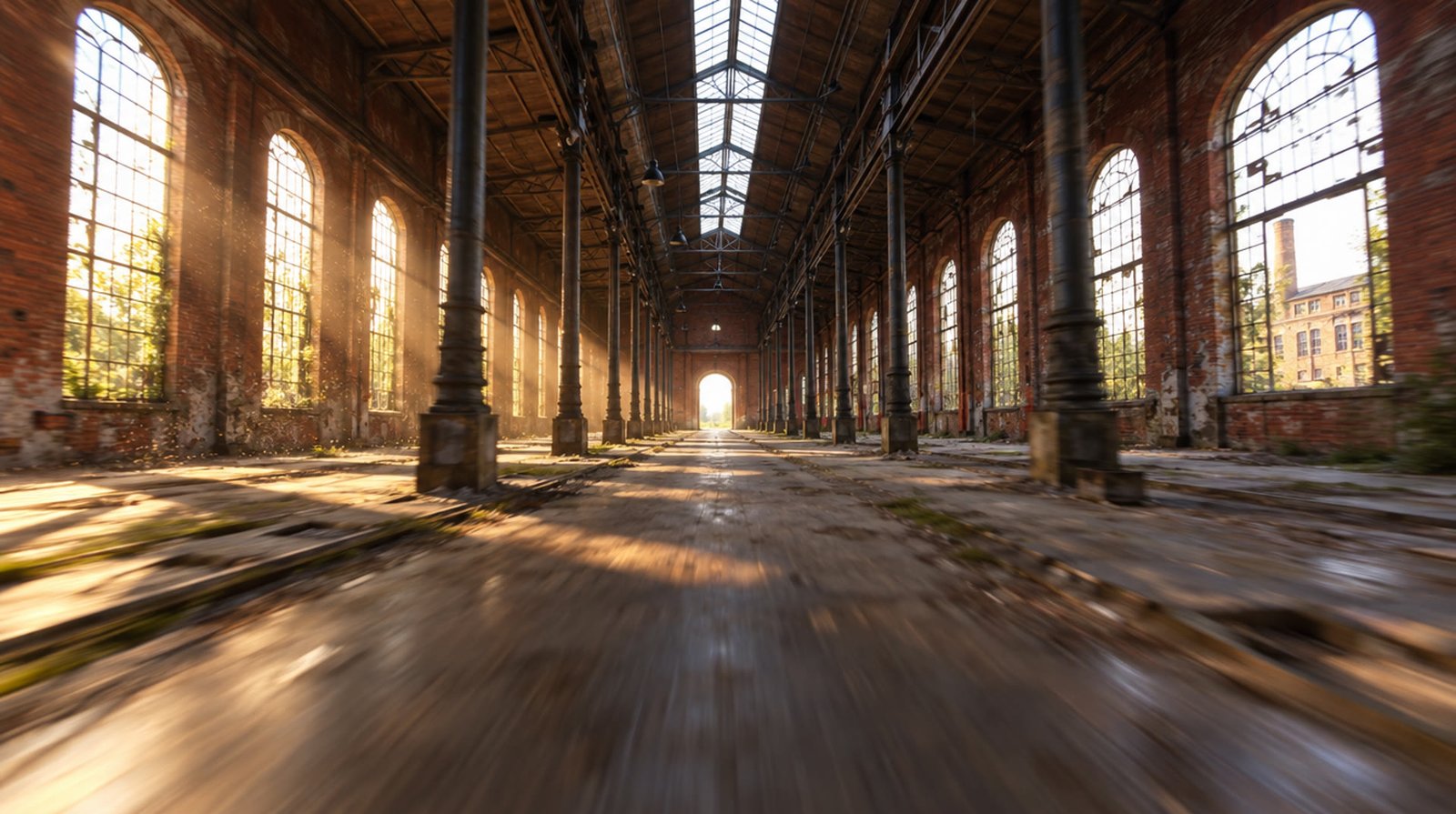 Drone FPV au ras du sol dans une halle industrielle vide, lumière rasante dorée qui entre par les verrières