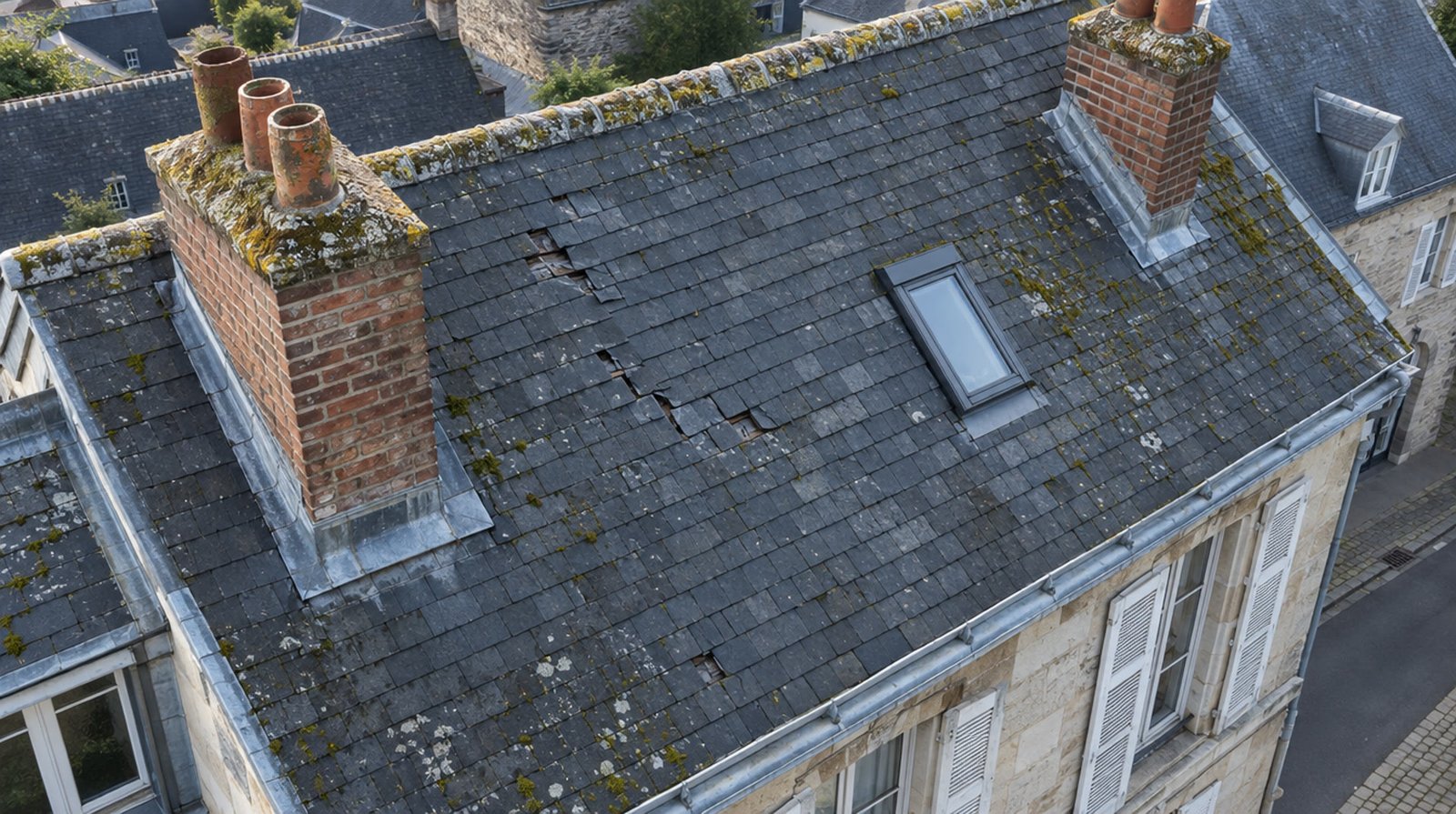 Toiture en tuiles d'un immeuble vue à la verticale depuis un drone, avec ses souches de cheminée, ses chéneaux et la cour intérieure