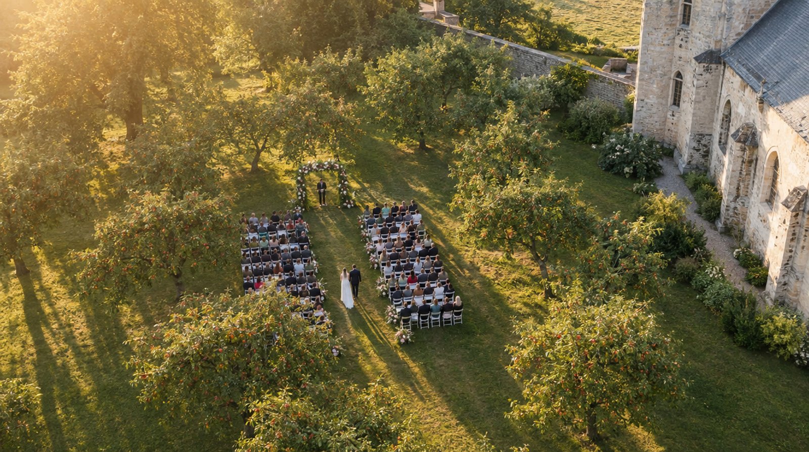 Un château de pierre claire et son parc vus du ciel à la fin du jour, des chaises blanches alignées sur la pelouse devant une arche fleurie, une allée de gravier au premier plan.