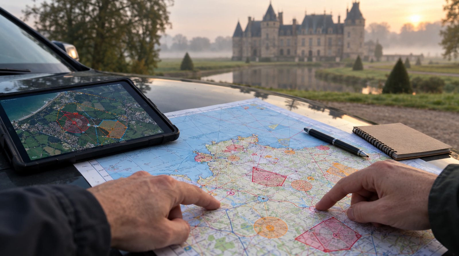 Une valise de drone ouverte et une tablette affichant une carte, posées sur le capot d'une voiture au bord d'un champ, devant un domaine de pierre claire dans la brume dorée du matin